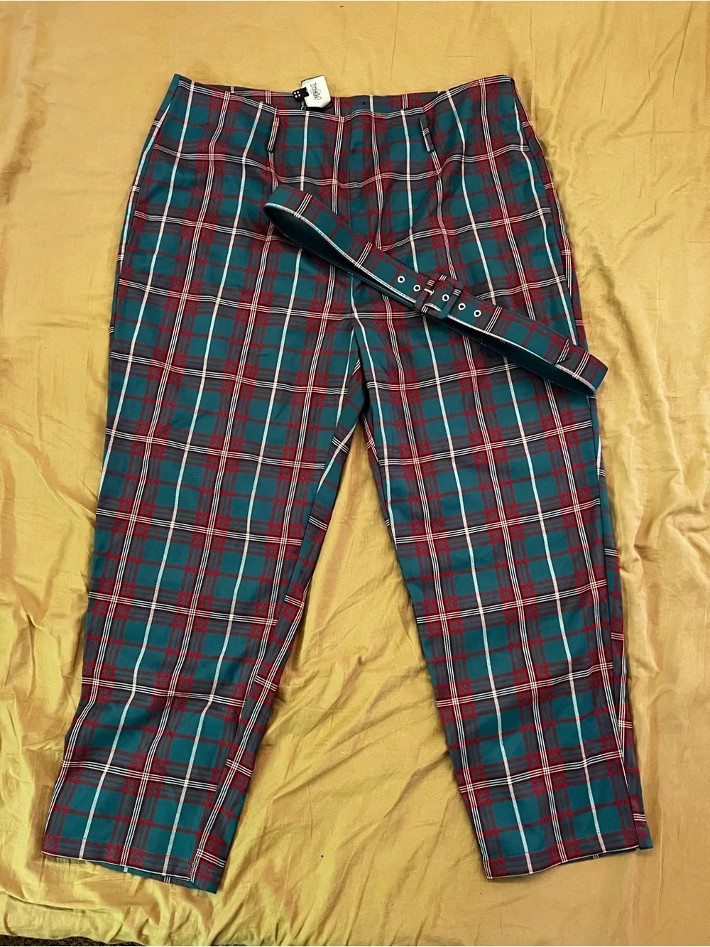 Collectif Teal and Red Plaid Trousers with Matching Belt